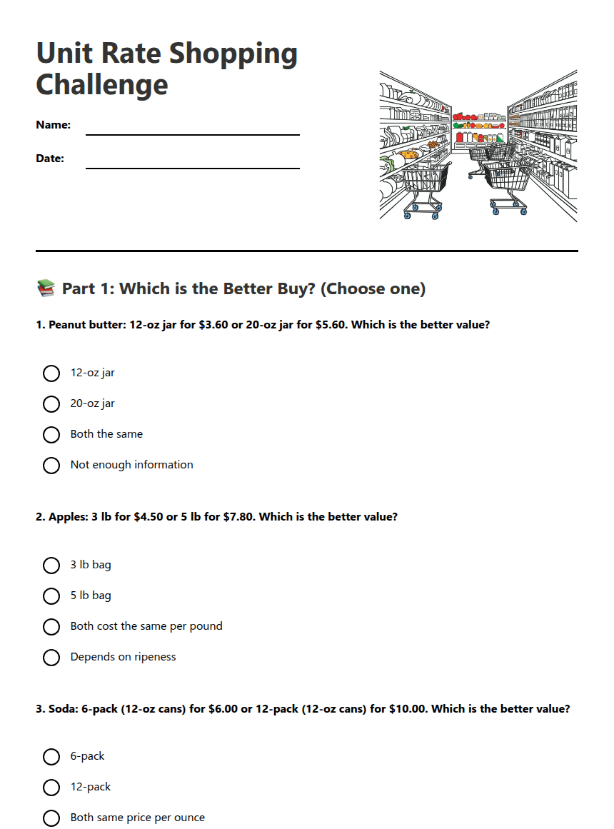 Unit Rate Shopping Challenge worksheet preview