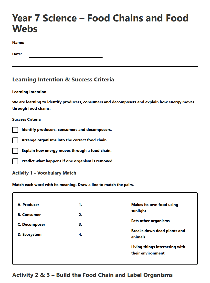 Food Chains and Webs worksheet preview