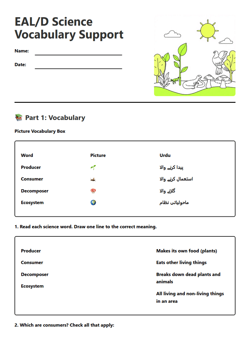 EAL/D Science Vocabulary Support
