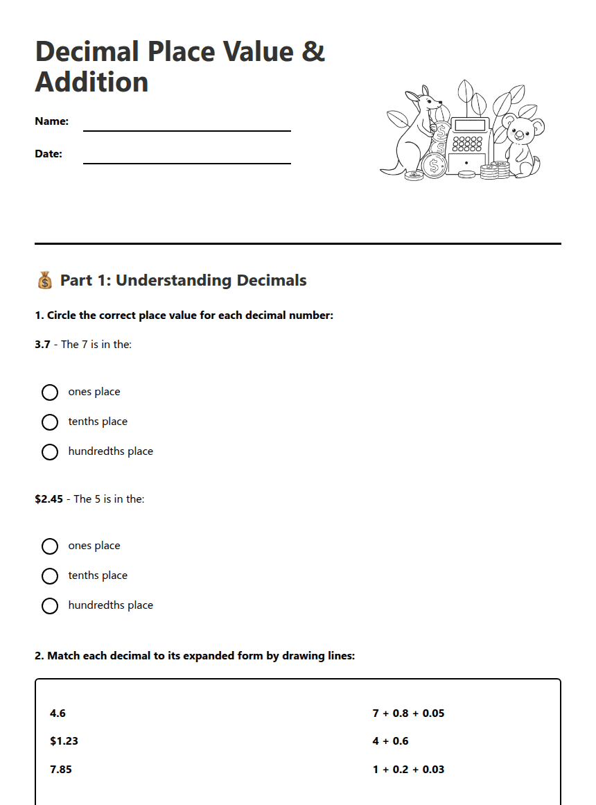 Decimal Place Value & Addition worksheet preview