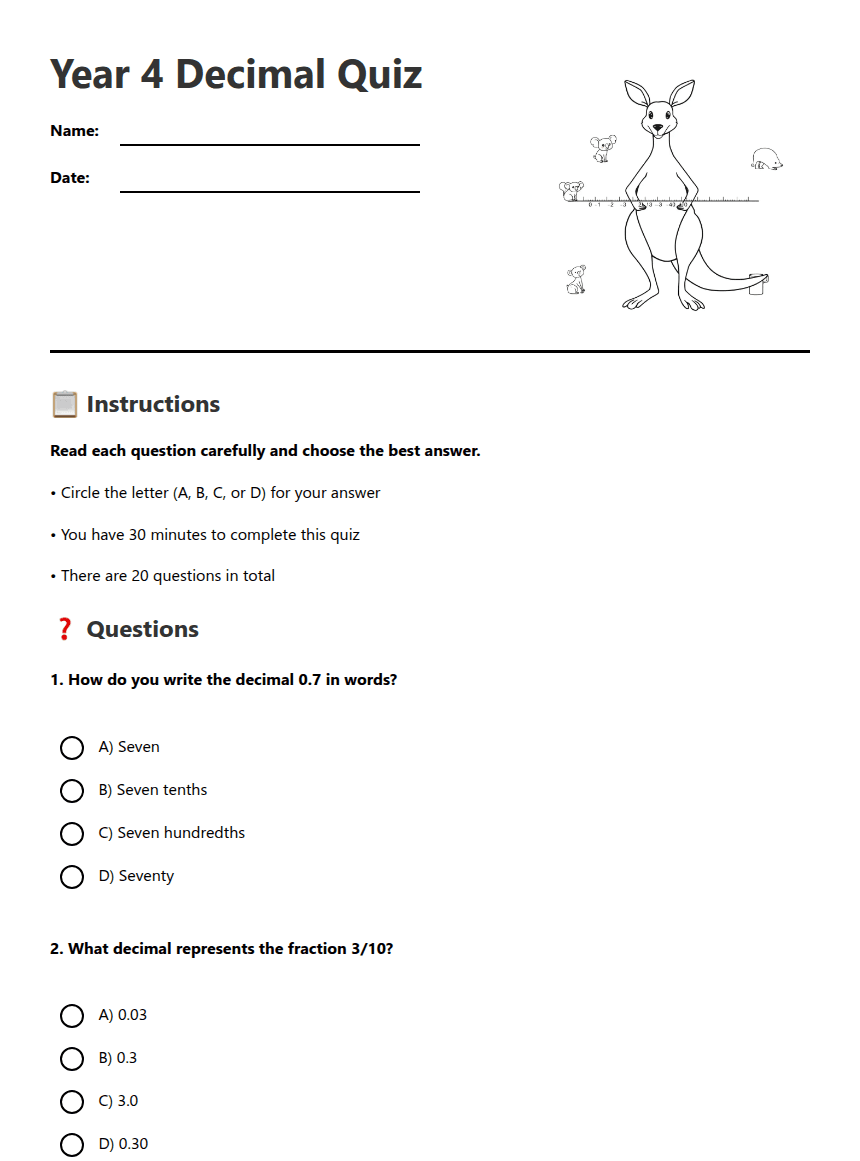 Year 4 Decimal Quiz worksheet preview