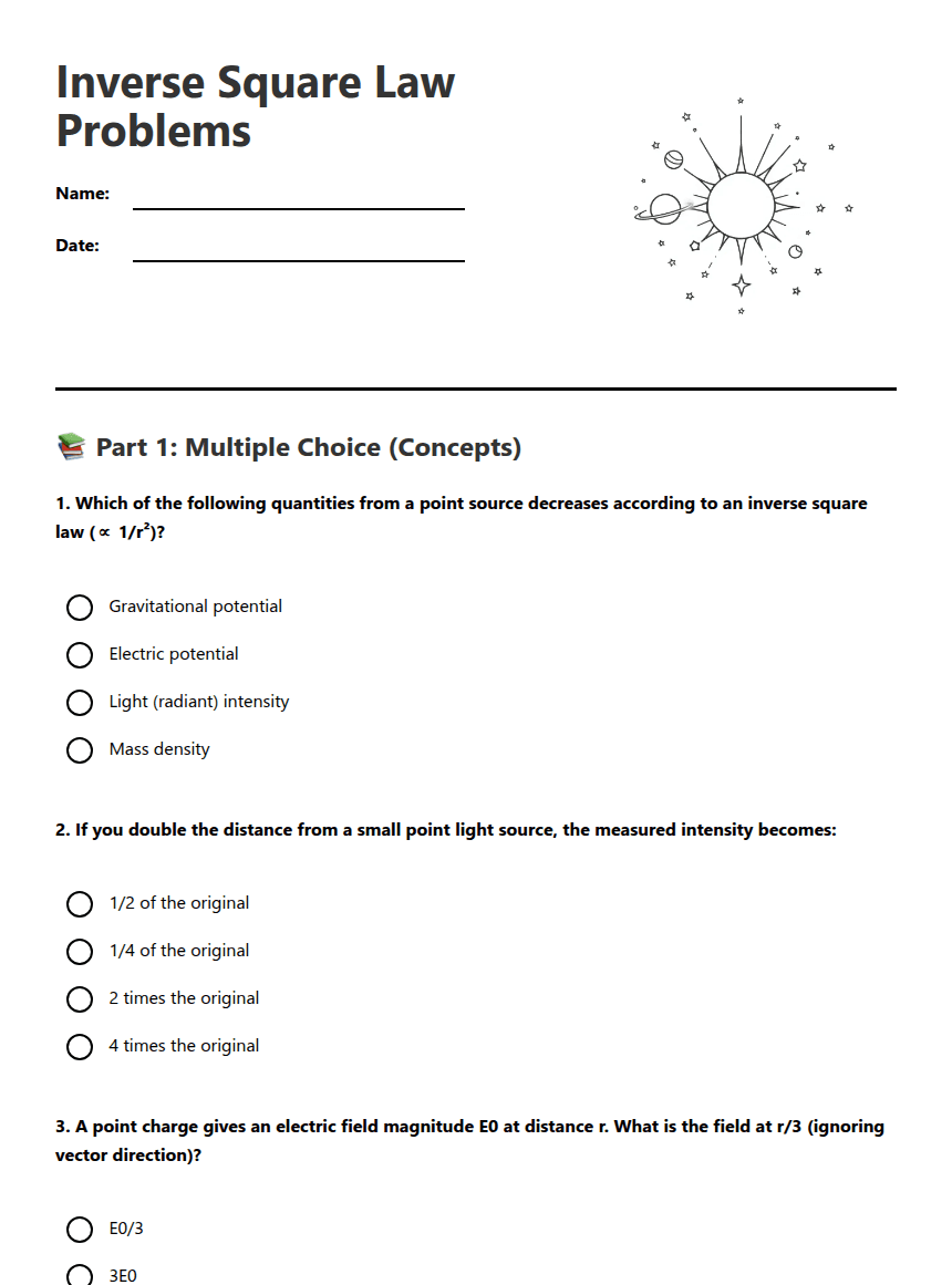 Inverse Square Law Problems worksheet preview