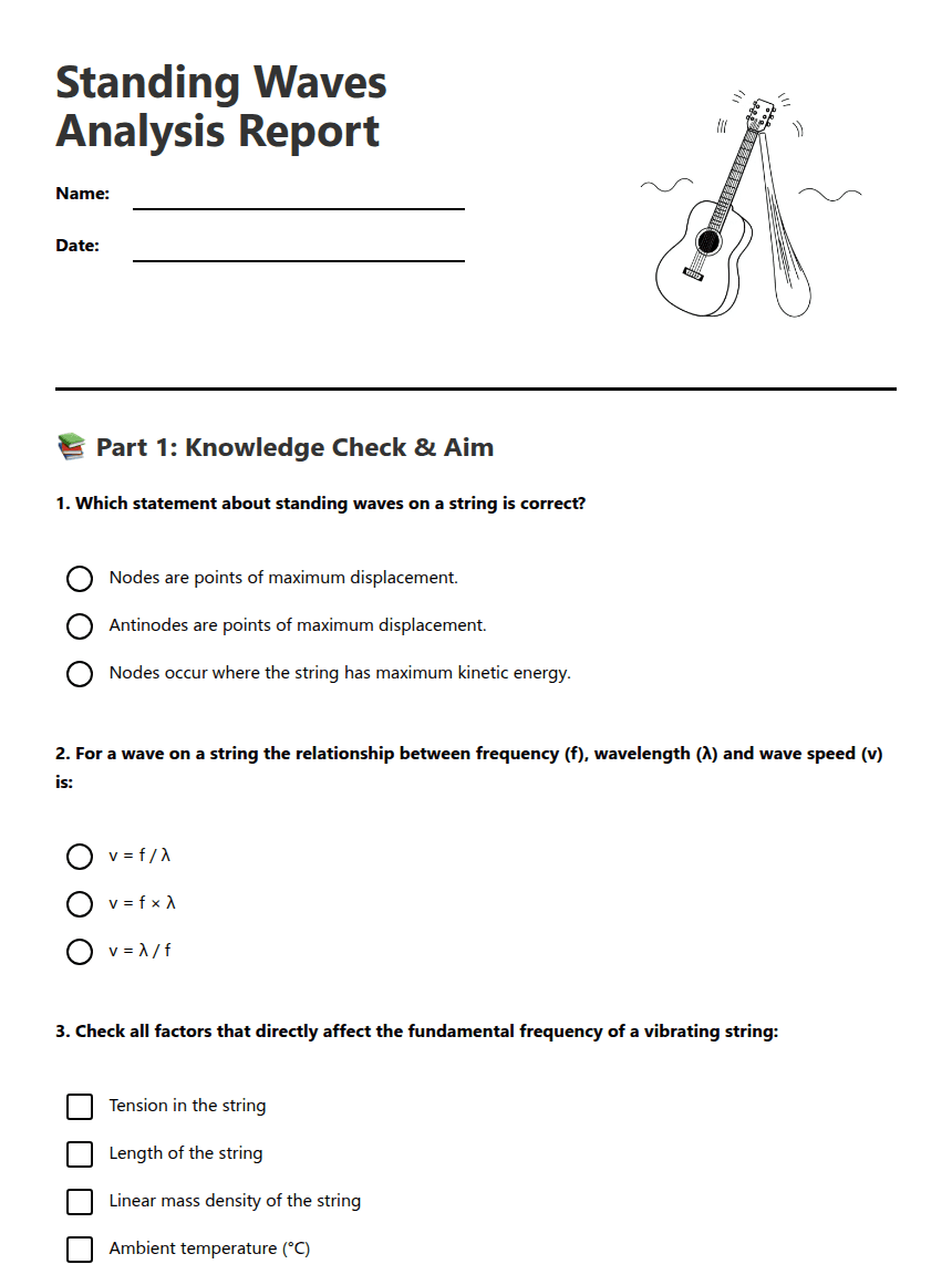 Standing Waves Analysis Report worksheet preview