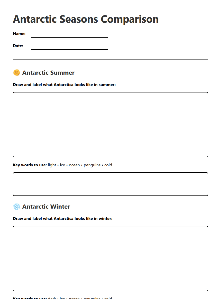 Antarctic Seasons Comparison worksheet preview