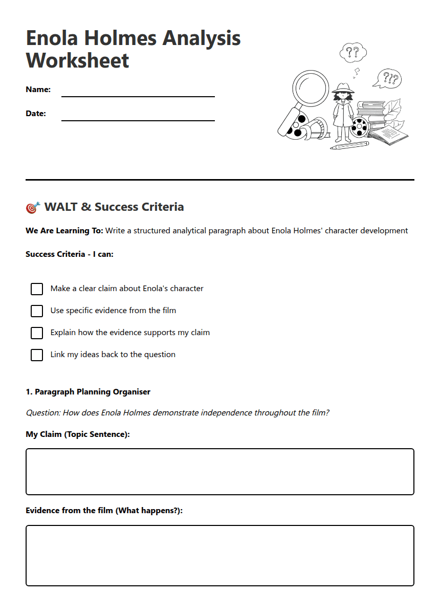 Enola Holmes Analysis Worksheet worksheet preview