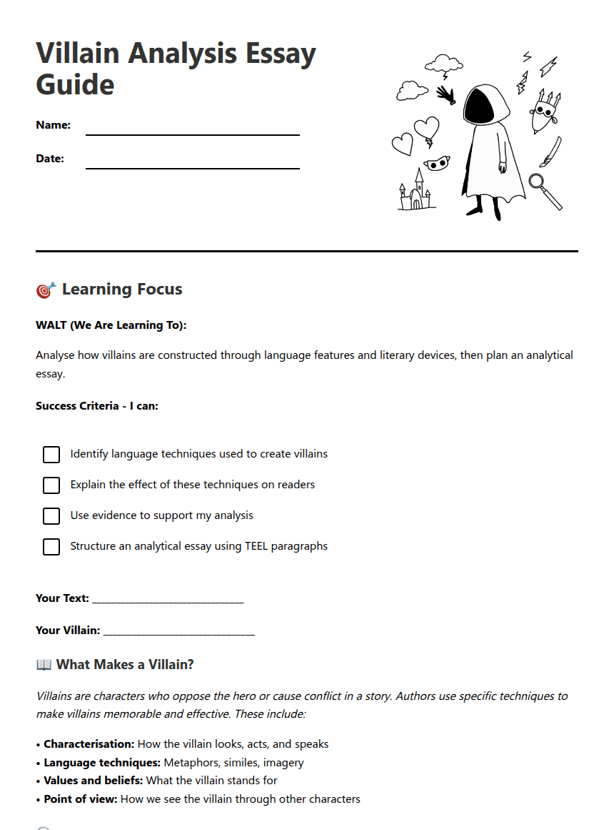 Villain Analysis Essay Guide worksheet preview