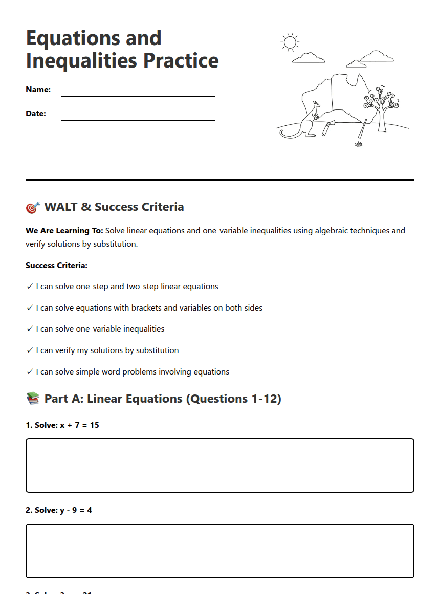 Equations and Inequalities Practice worksheet preview