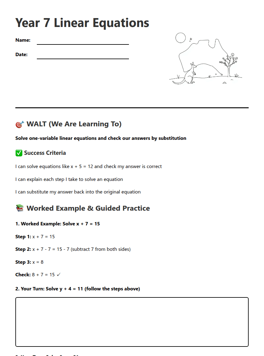 Year 7 Linear Equations worksheet preview