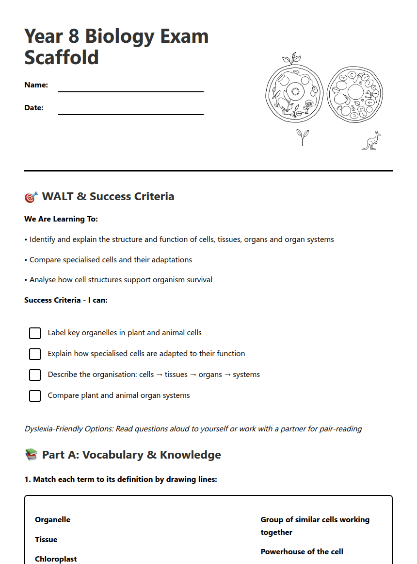 Year 8 Biology Exam Scaffold worksheet preview