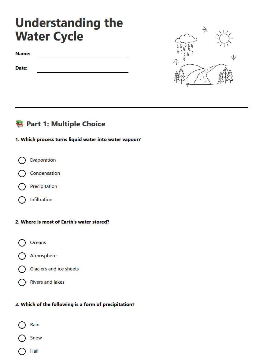 Understanding the Water Cycle worksheet preview