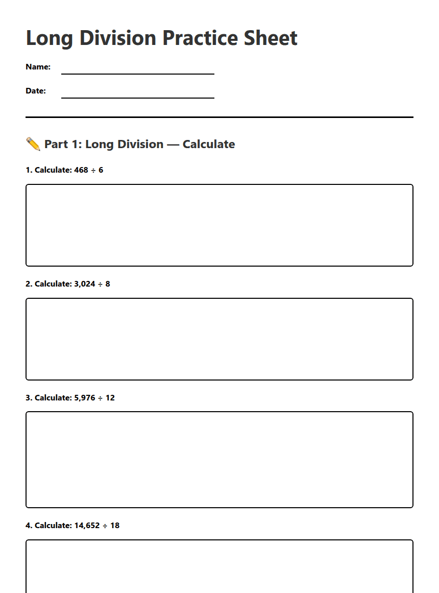 Long Division Practice Sheet worksheet preview