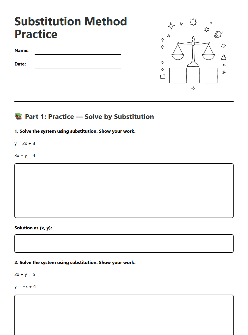 Substitution Method Practice worksheet preview
