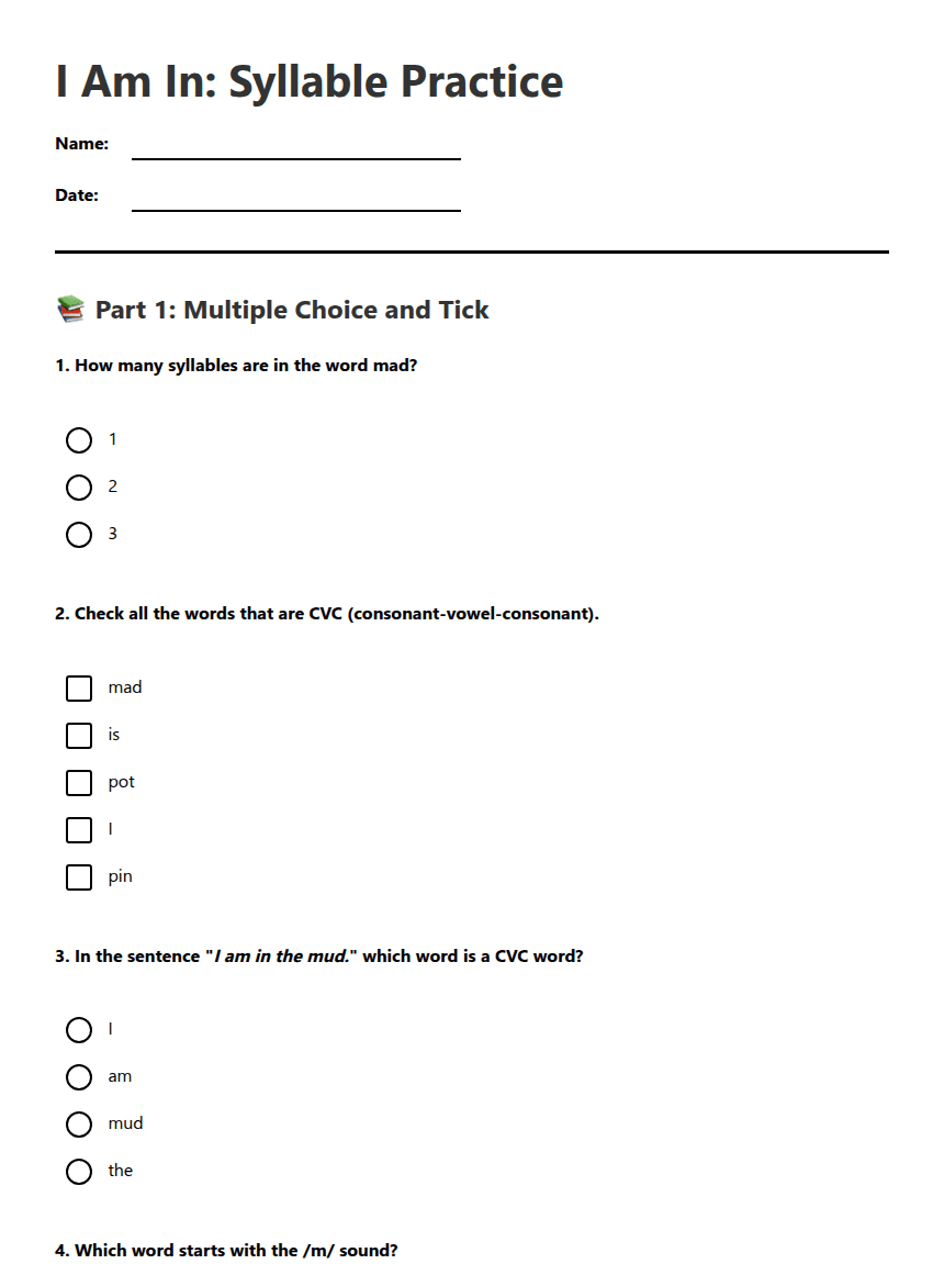 I Am In: Syllable Practice worksheet preview