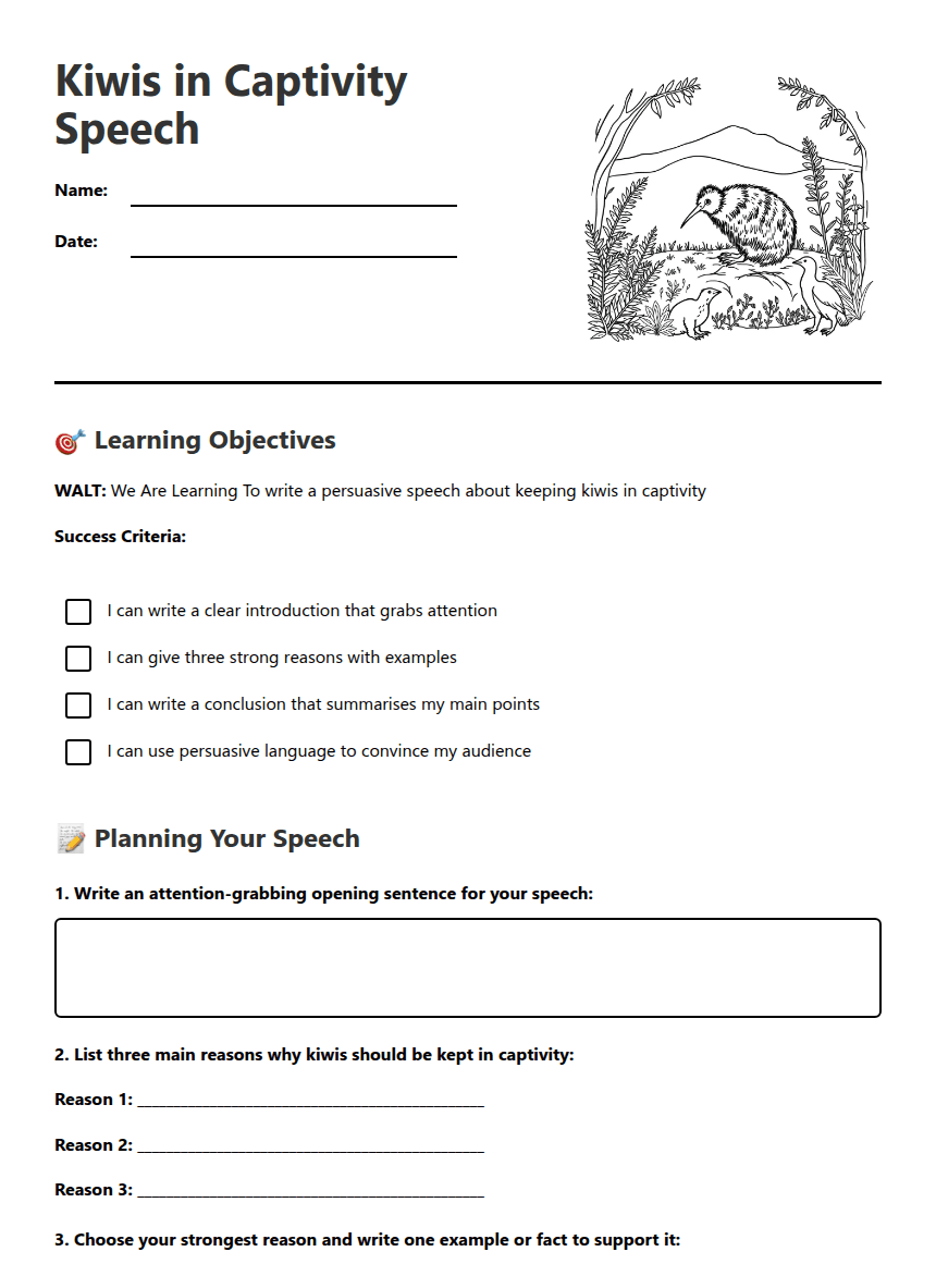 Kiwis in Captivity Speech worksheet preview