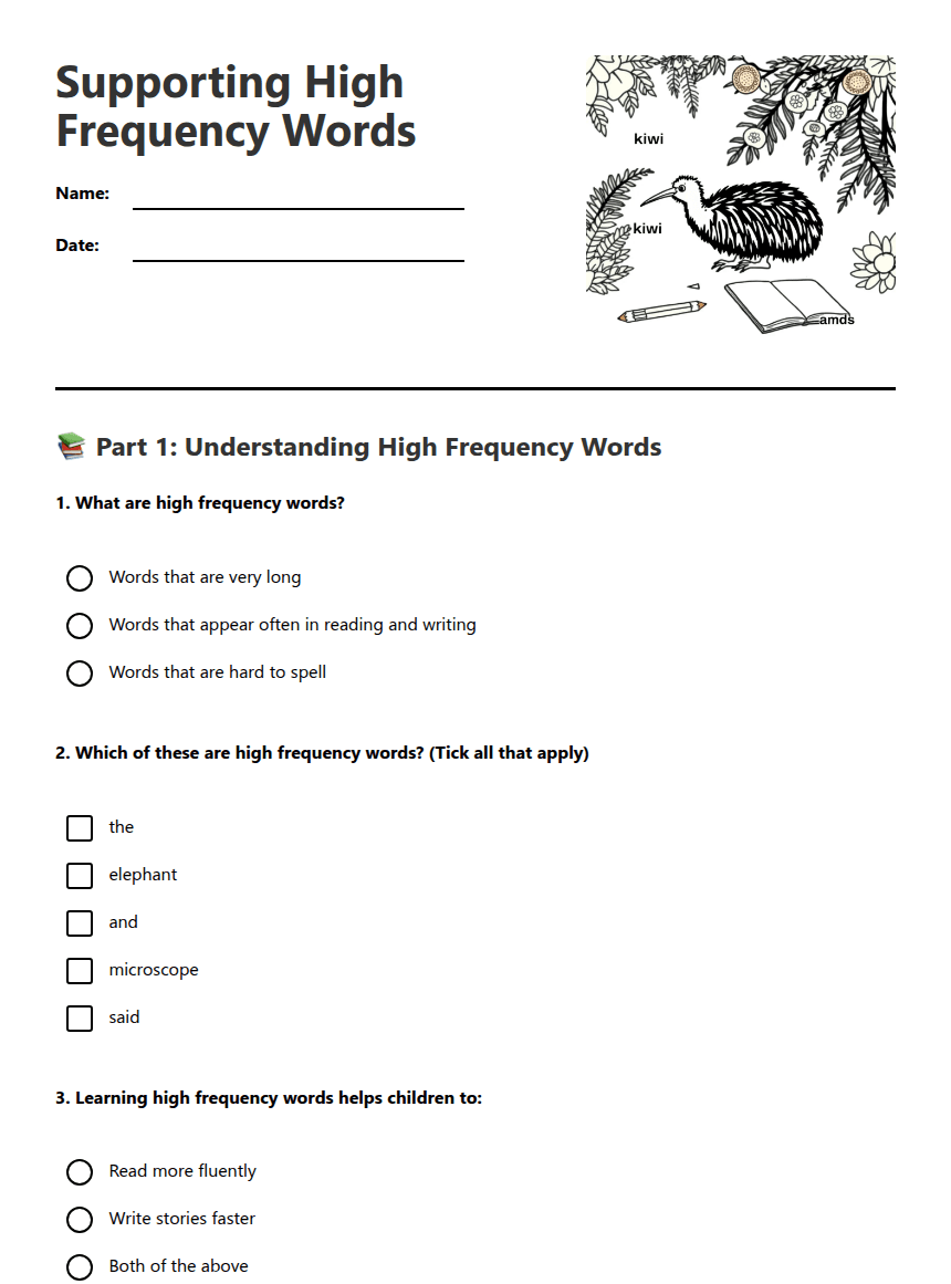 Supporting High Frequency Words worksheet preview