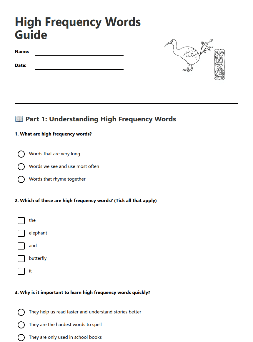 High Frequency Words Guide worksheet preview