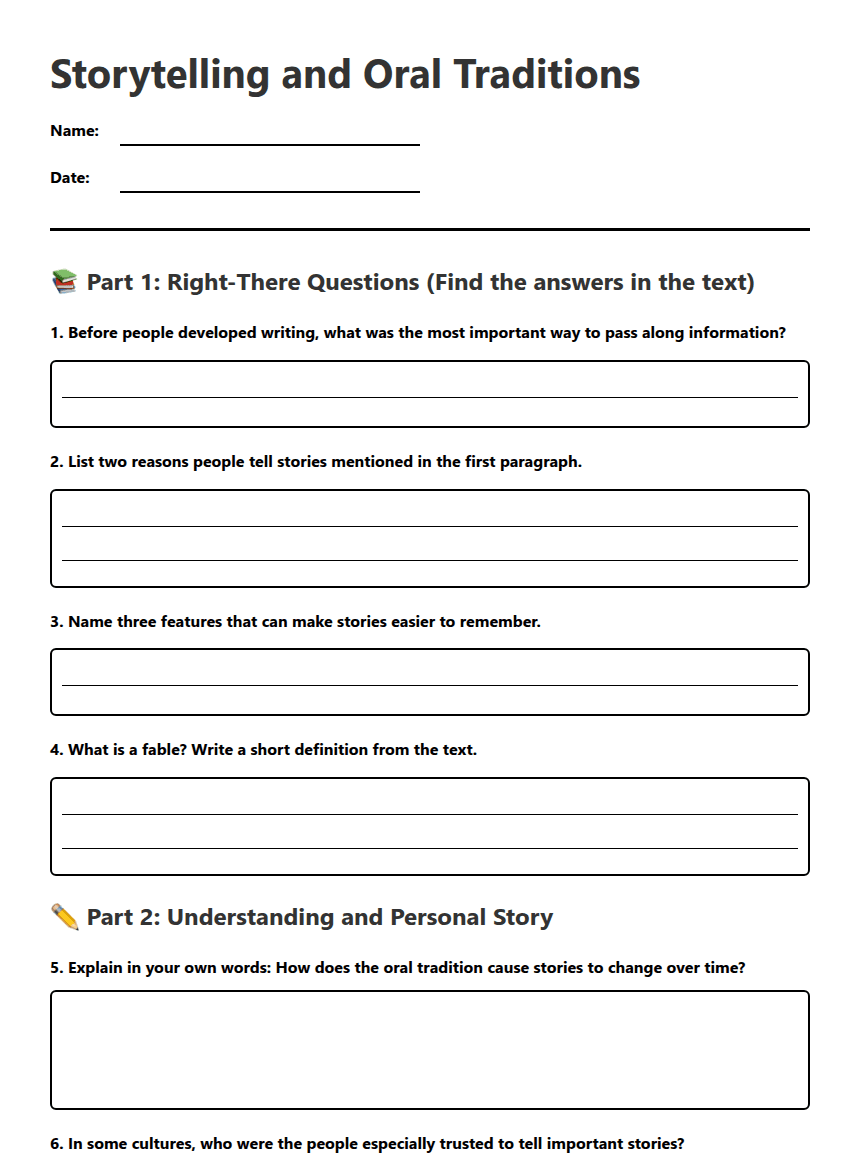 Storytelling and Oral Traditions worksheet preview