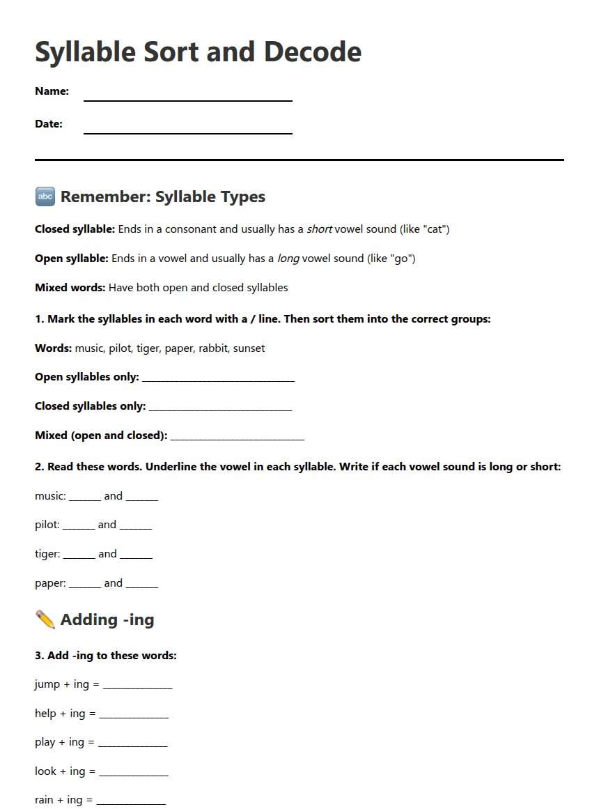 Syllable Sorting Adventure worksheet preview