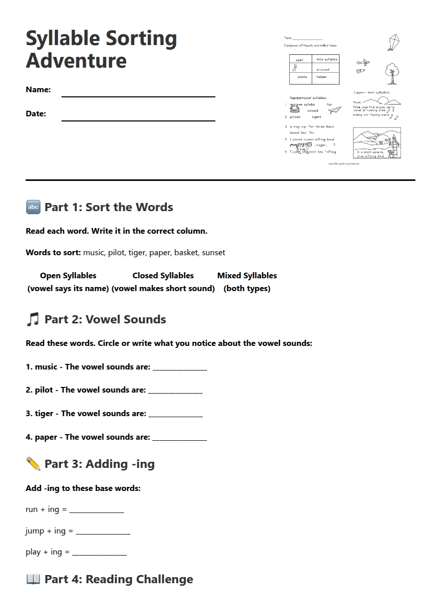 Syllable Sorting Adventure worksheet preview