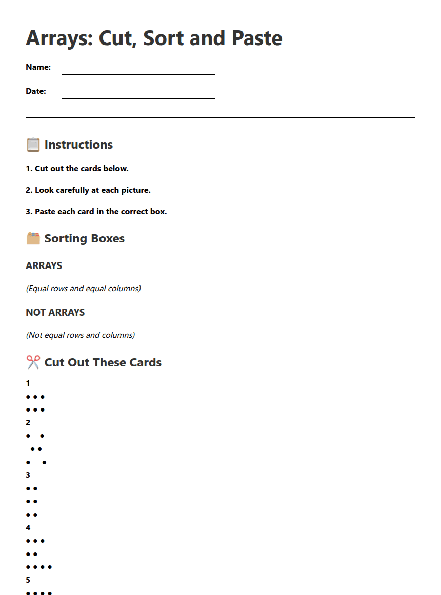 Array Sorting Activity worksheet preview