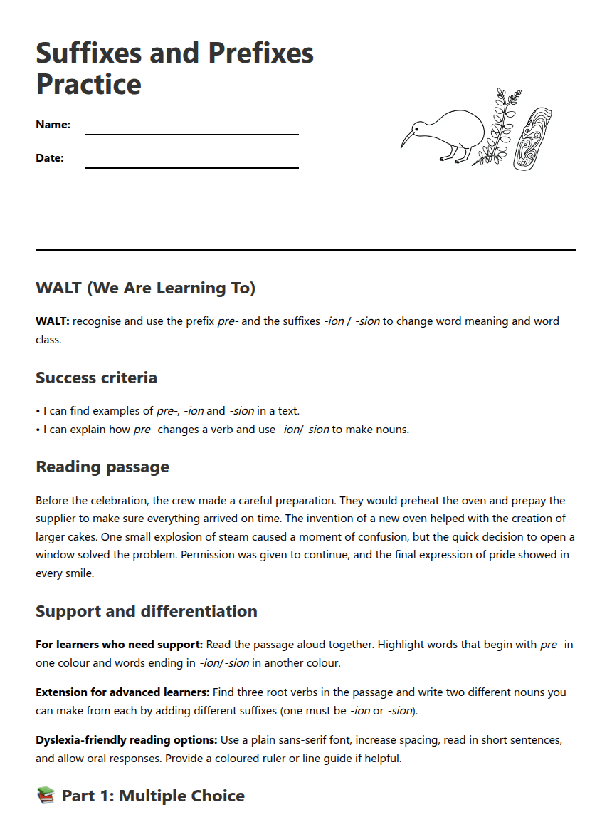 Suffixes and Prefixes Practice worksheet preview