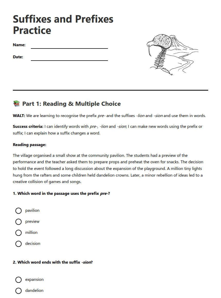 Suffixes and Prefixes Practice worksheet preview
