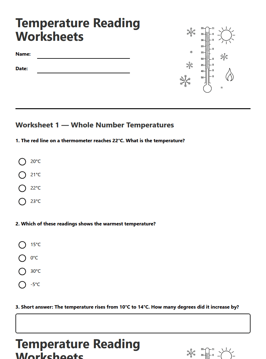 Temperature Reading Worksheets worksheet preview