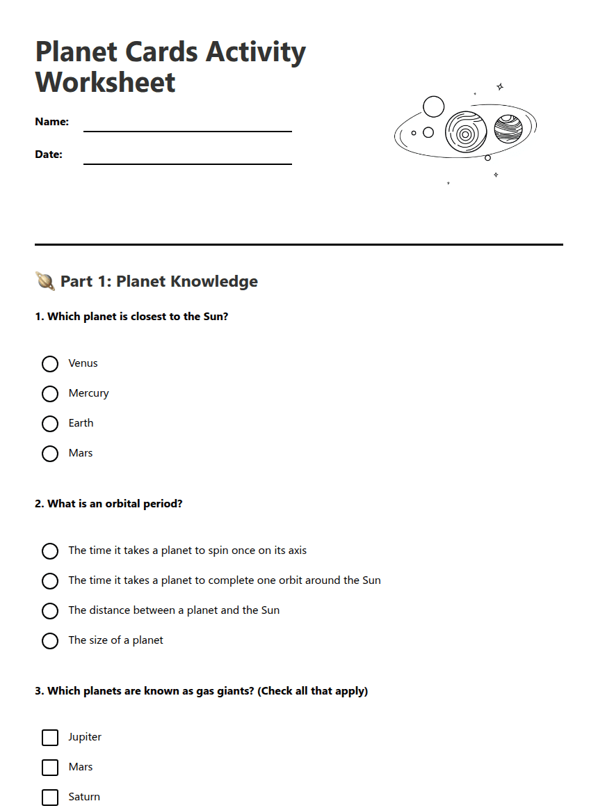 Planet Cards Activity Worksheet worksheet preview