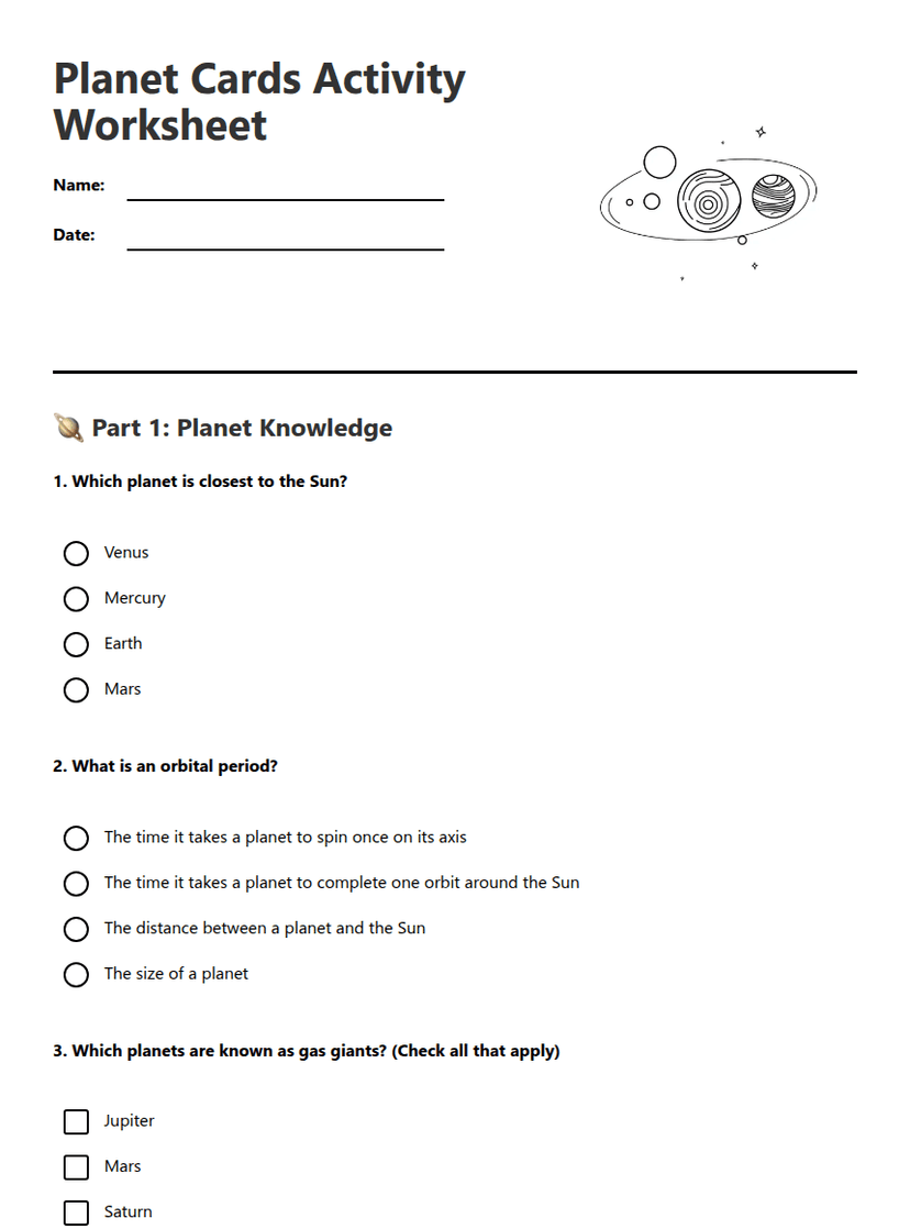 Planet Cards Activity Worksheet