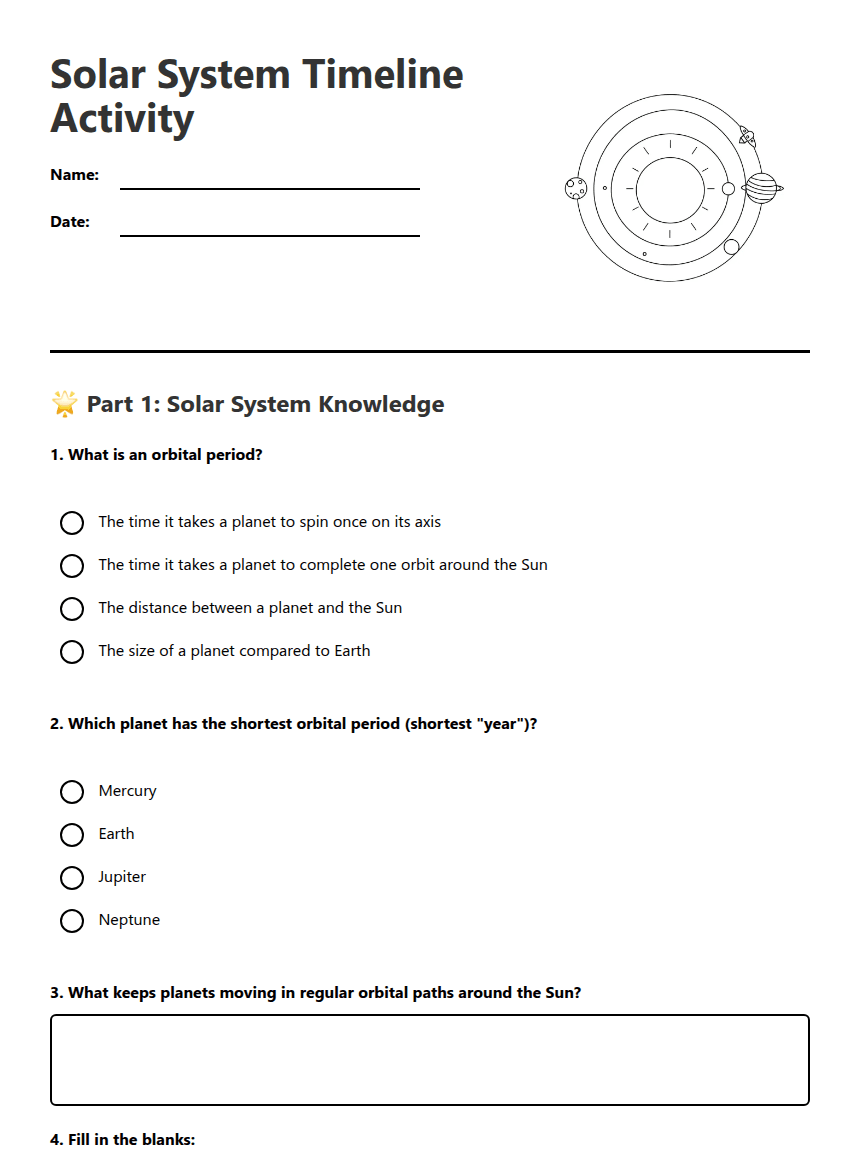 Solar System Timeline Activity worksheet preview