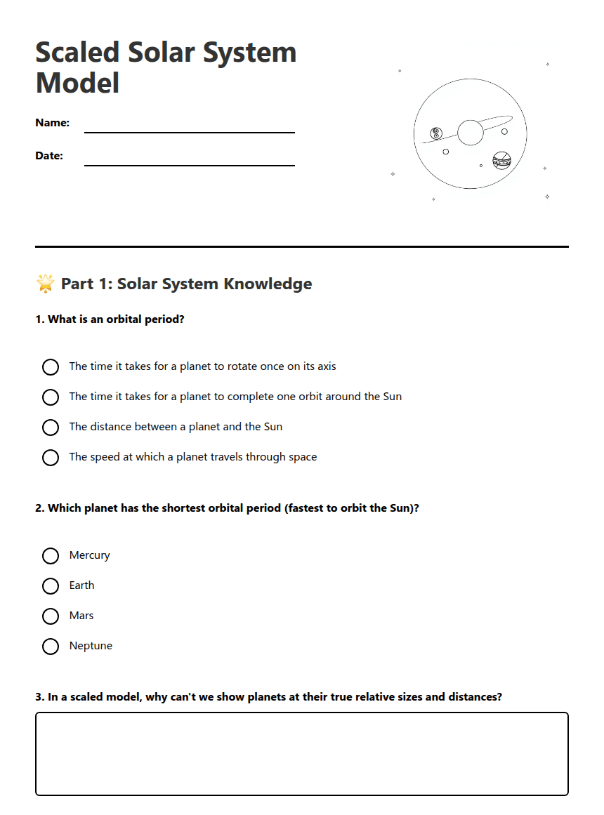 Scaled Solar System Model worksheet preview