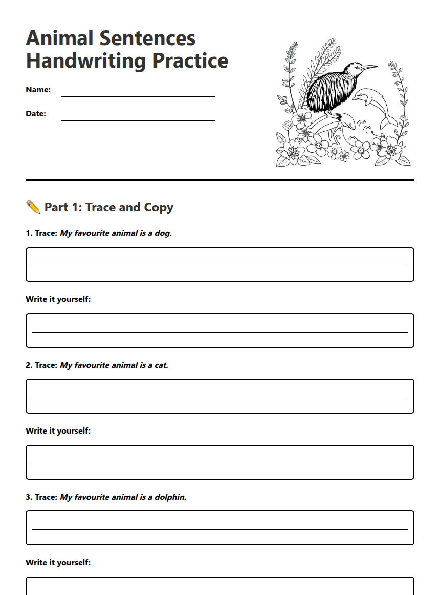 Animal Sentences Handwriting Practice worksheet preview