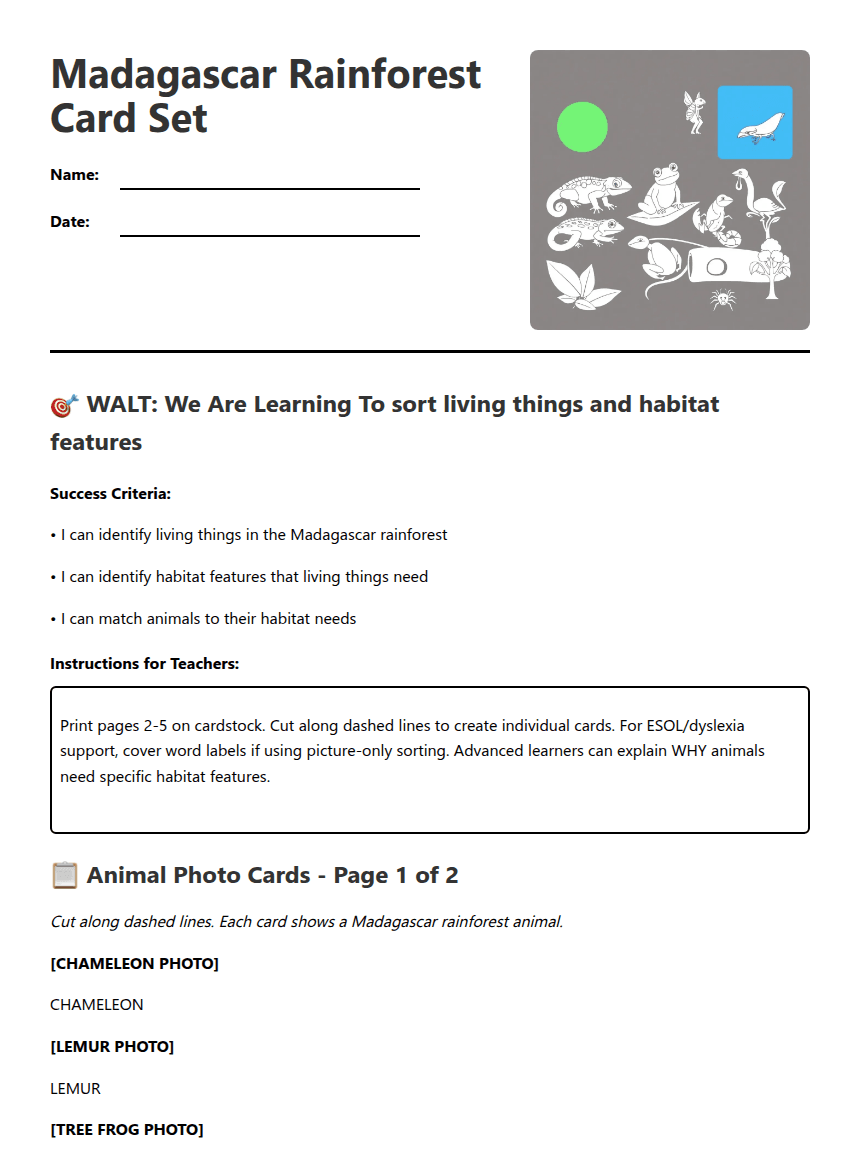Madagascar Rainforest Card Set worksheet preview