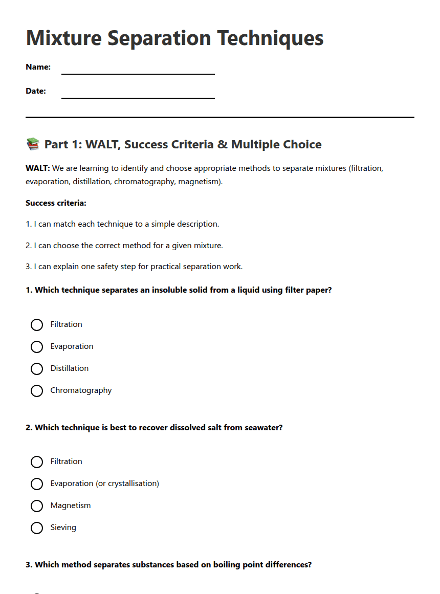 Mixture Separation Techniques worksheet preview