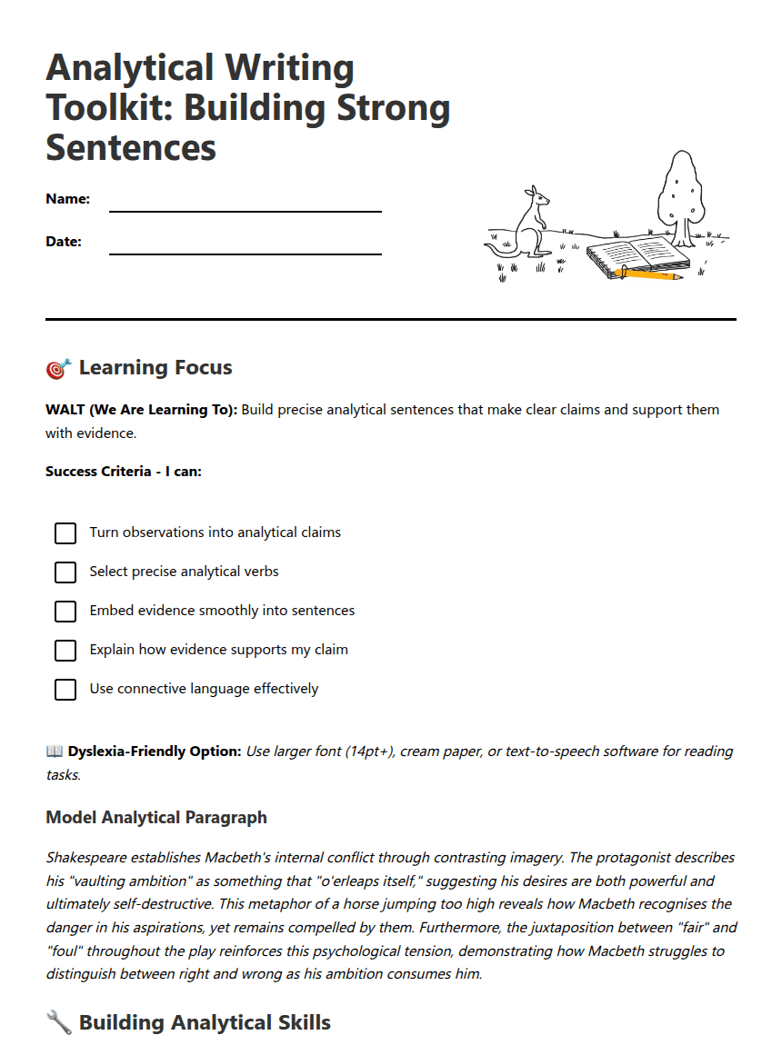 Analytical Writing Essentials worksheet preview