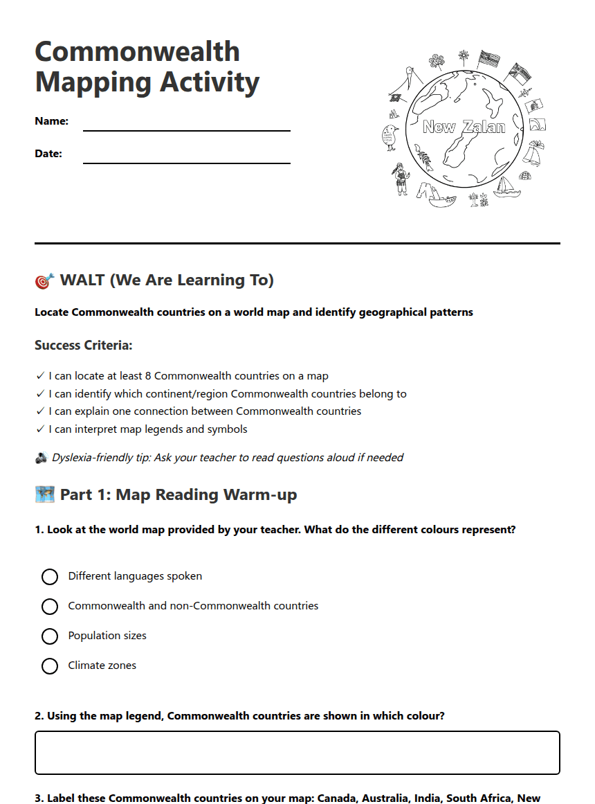 Commonwealth Mapping Activity worksheet preview