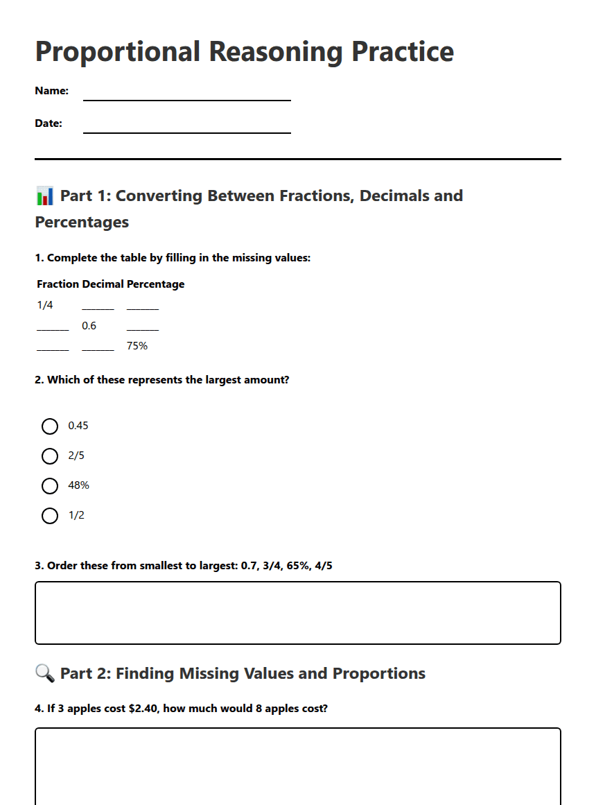 Proportional Reasoning Practice worksheet preview