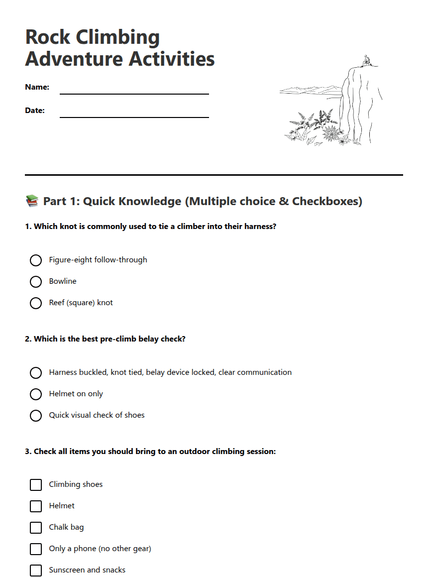 Rock Climbing Adventure Activities worksheet preview