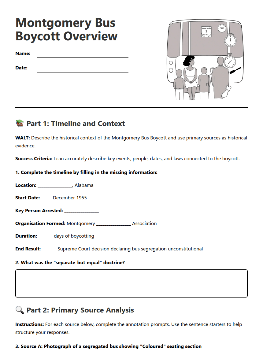 Montgomery Bus Boycott Overview worksheet preview