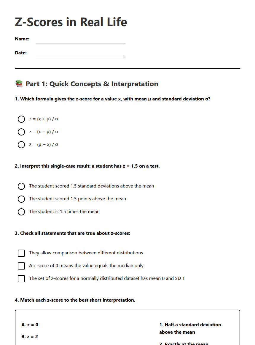 Z-Scores in Real Life worksheet preview