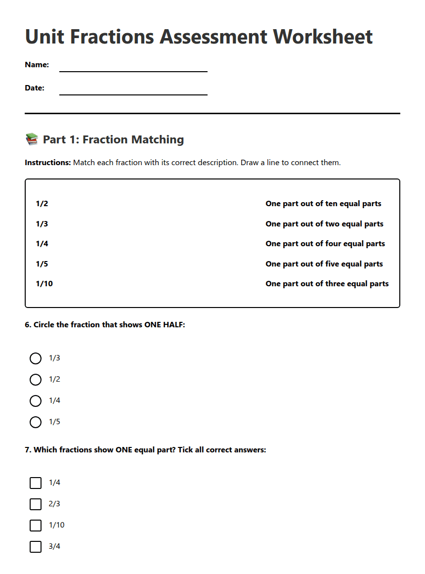 Unit Fractions Assessment Worksheet worksheet preview