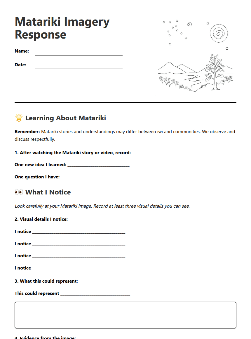 Matariki Imagery Exploration worksheet preview