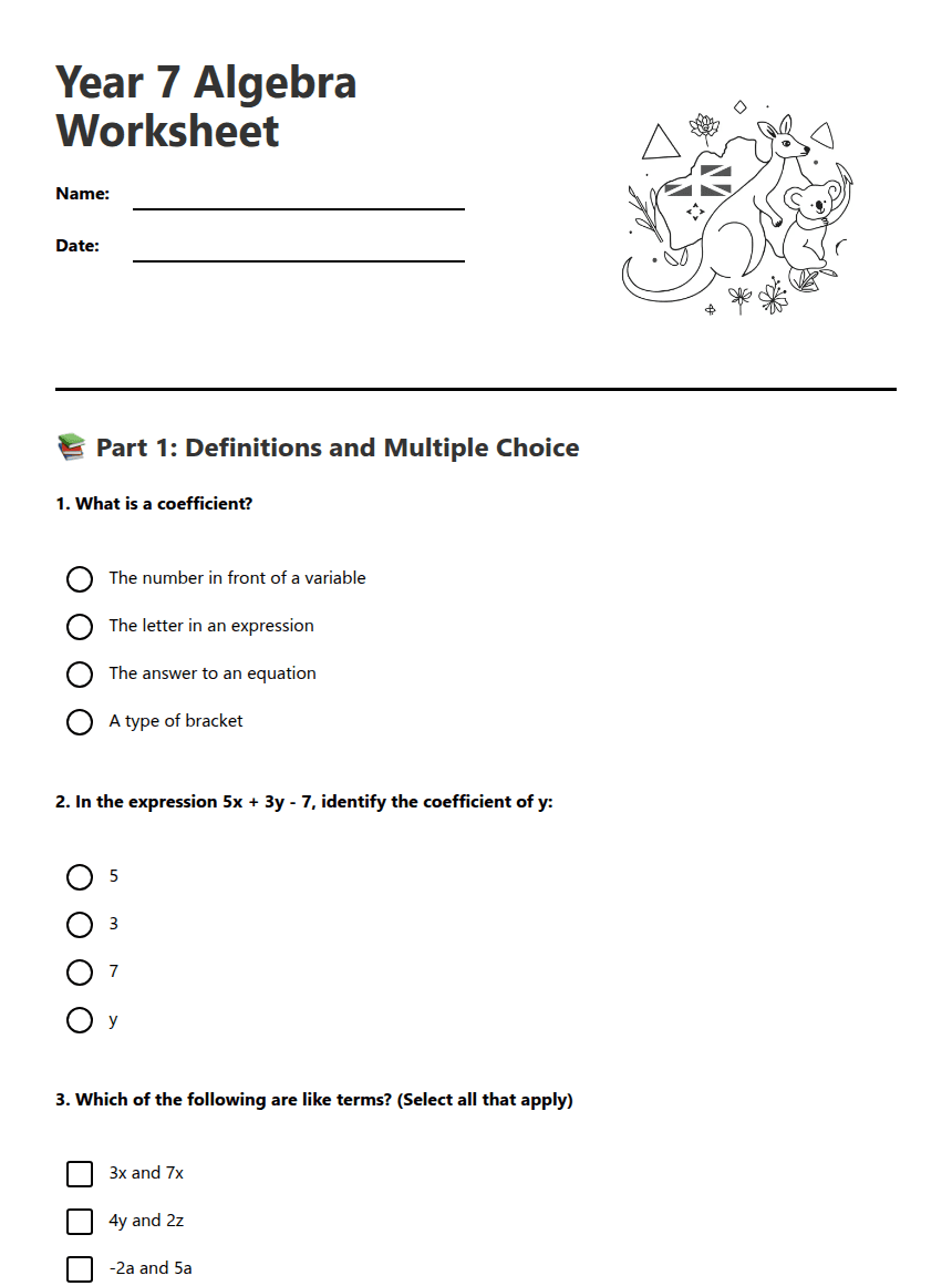 Year 7 Algebra Worksheet worksheet preview