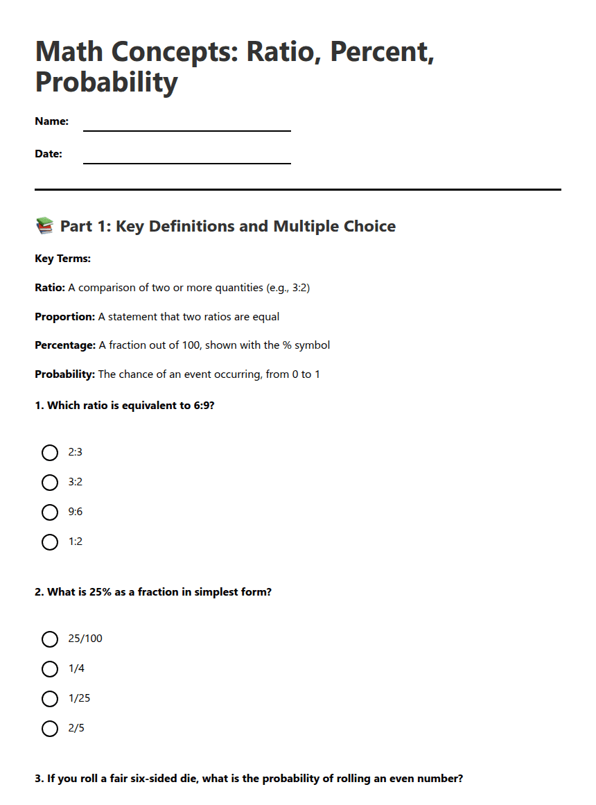 Math Concepts: Ratio, Percent, Probability worksheet preview