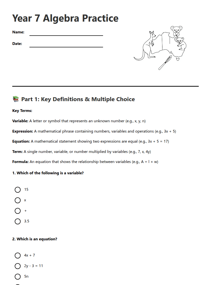 Year 7 Algebra Practice worksheet preview