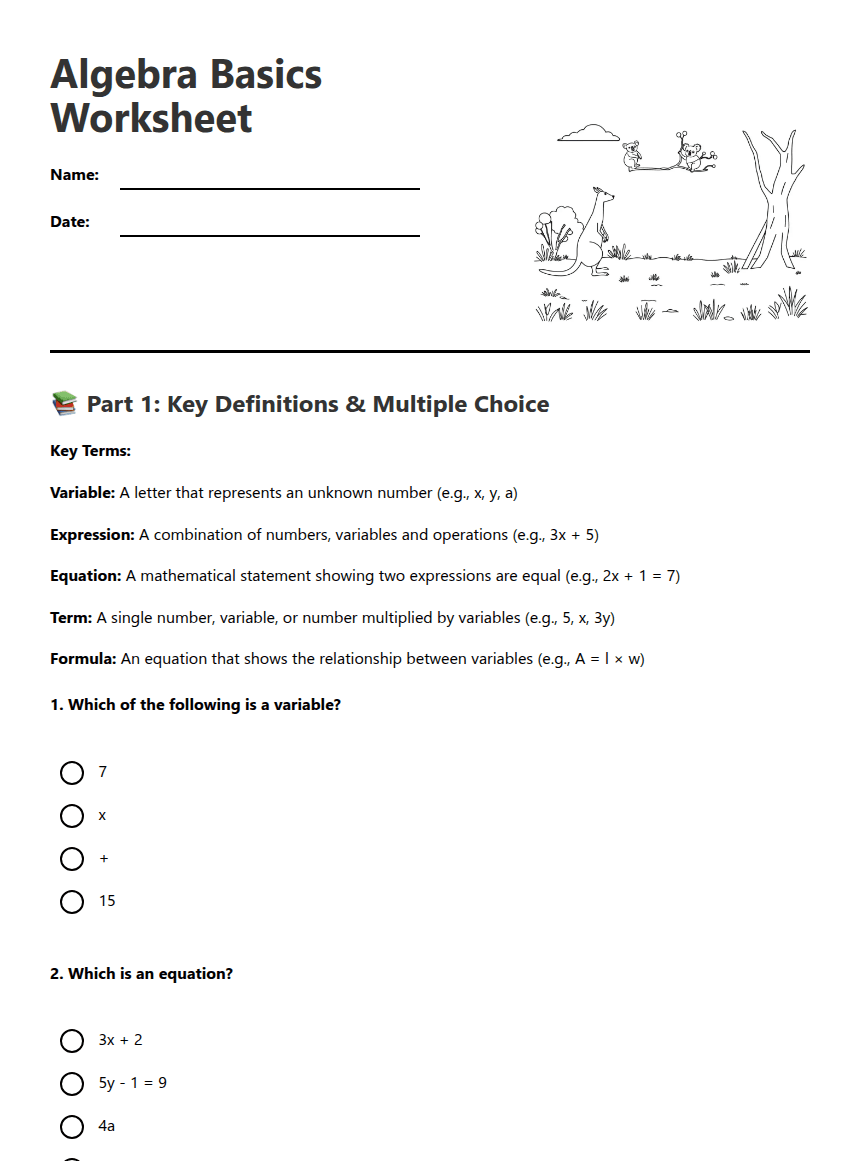 Algebra Basics Worksheet worksheet preview