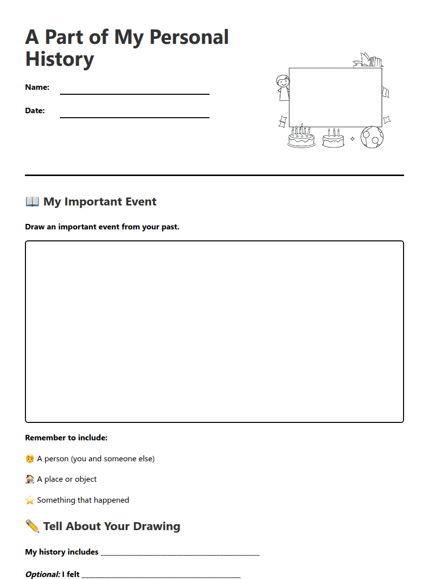 Personal History Drawing Sheet worksheet preview