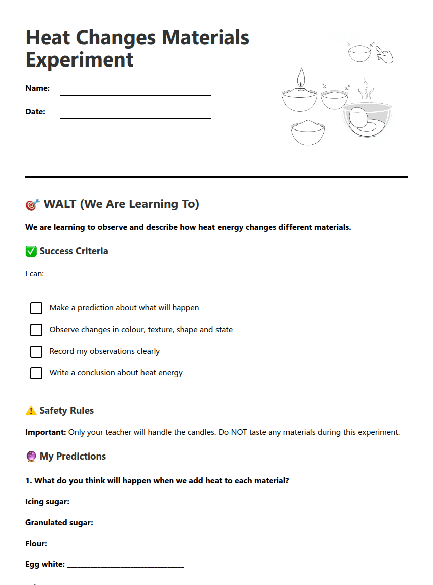 Heat Changes Materials Experiment worksheet preview