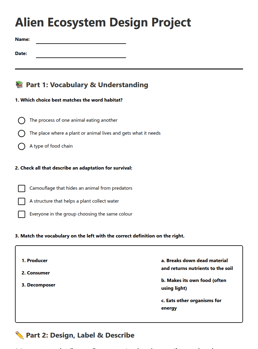 Alien Ecosystem Design Project worksheet preview