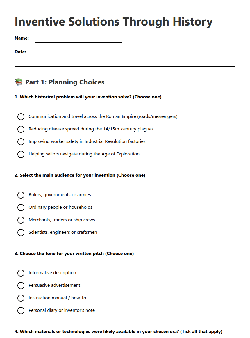 Inventive Solutions Through History worksheet preview